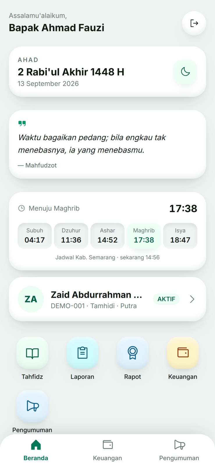 Beranda SIMAKA: sapaan walisantri, tanggal hijriah, dan jadwal salat