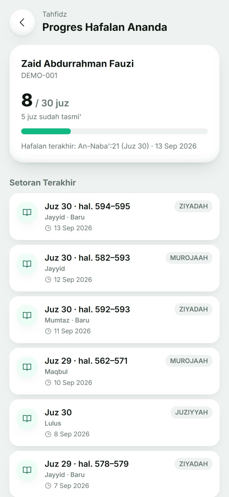 Tampilan SIMAKA: progres hafalan santri beserta riwayat setoran