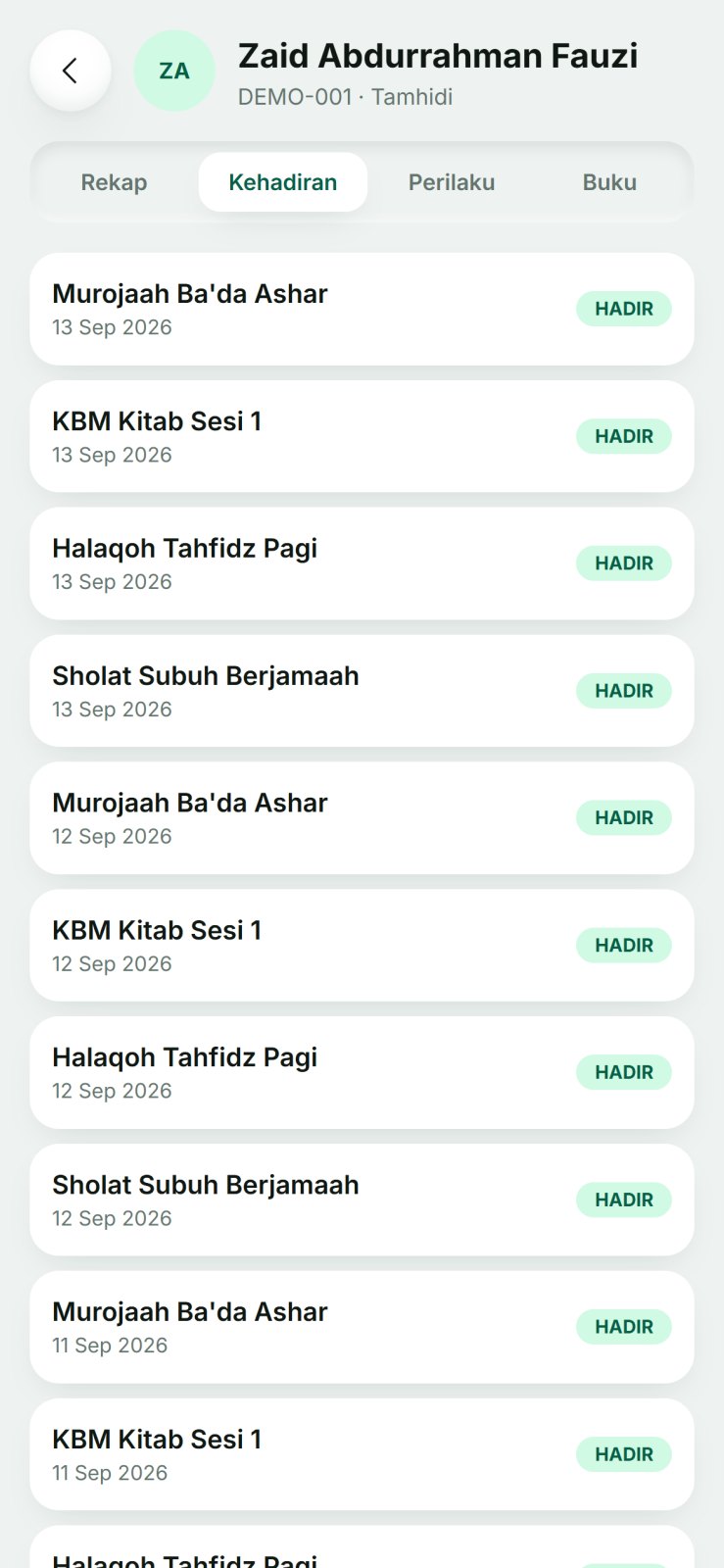 Layar kehadiran SIMAKA per kegiatan harian santri