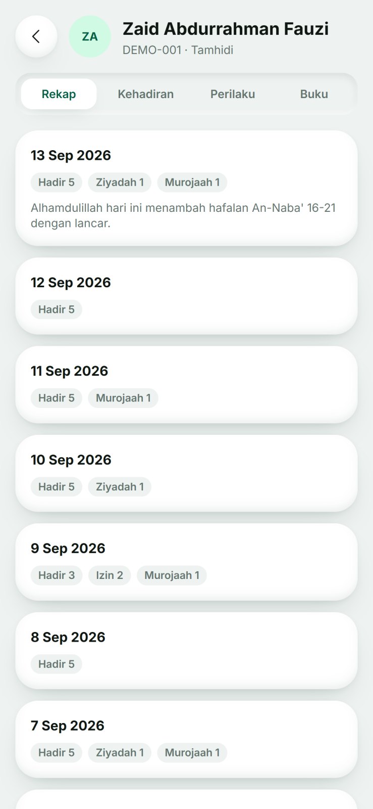 Tampilan SIMAKA: rekap harian santri berisi kehadiran, ziyadah, dan murojaah