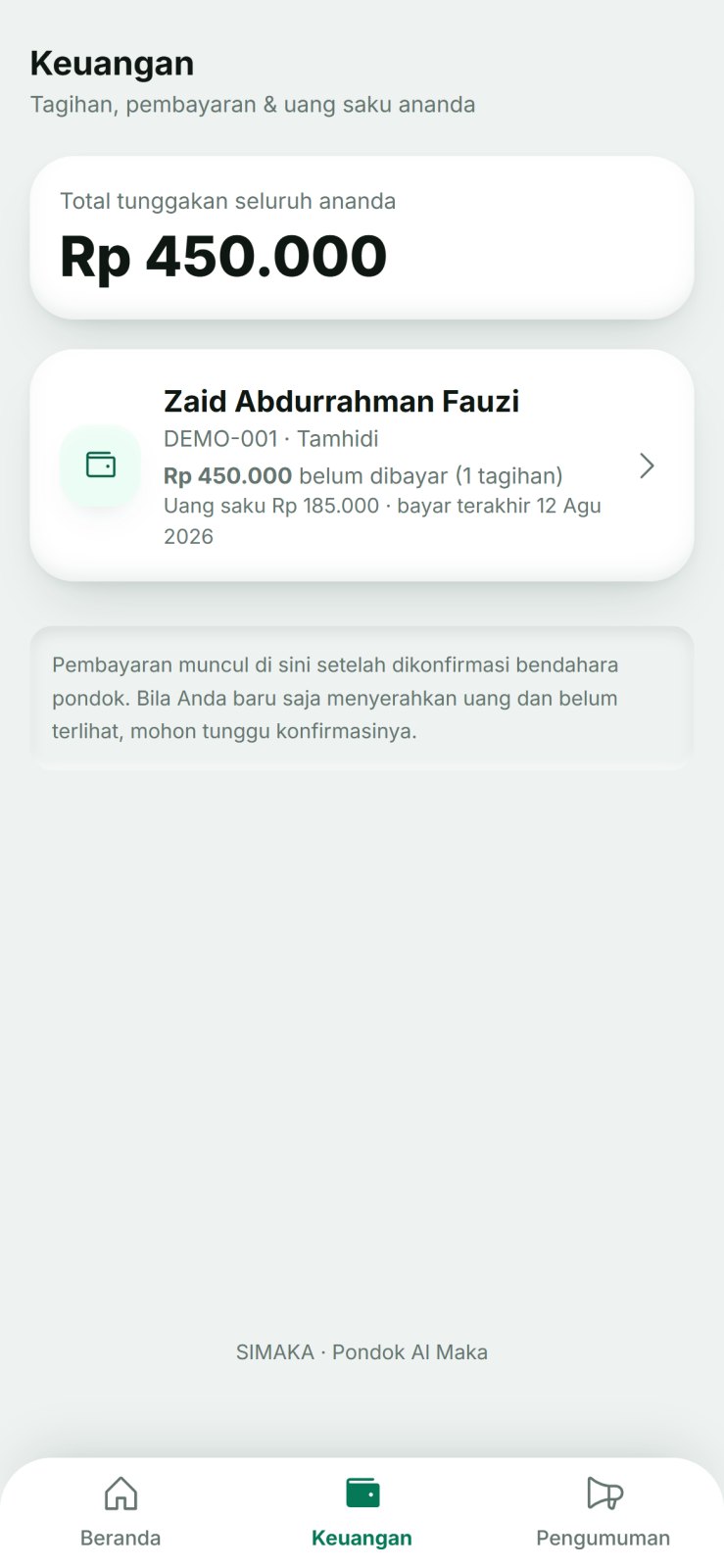 Layar keuangan SIMAKA: tagihan, pembayaran, dan uang saku
