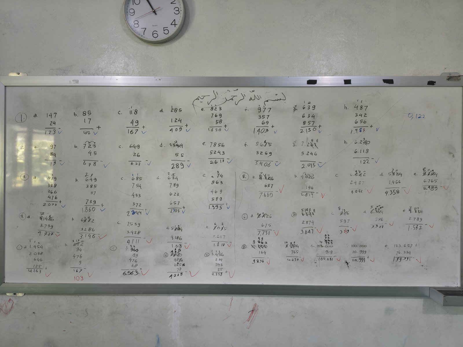 Papan tulis penuh soal berhitung yang sudah dikerjakan dan diberi tanda koreksi